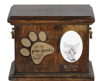 Urn for cat ashes with ceramic plate and sentence - Savannah cat, ART-DOG Cremation box, Custom urn.