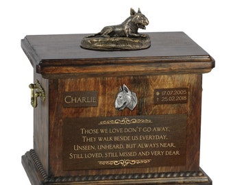 Bull Terrier lying happy - Exclusive Urn for dog ashes with a statue, relief and inscription. ART-DOG. Cremation box, Custom urn.