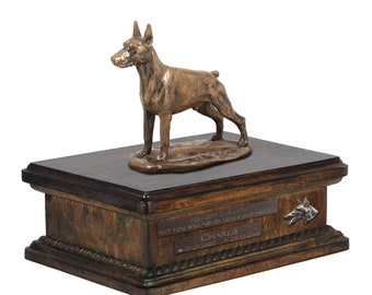 Exclusive Urn for dog ashes with a Dobermann cropped statue, relief and inscription. ART-DOG. New model. Cremation box, Custom urn.
