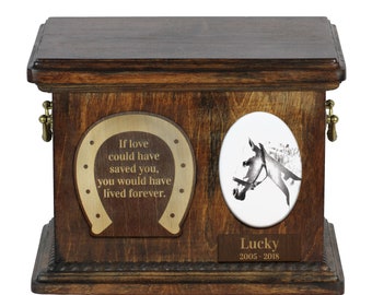 Urn for horse ashes with ceramic plate and sentence - Spanish-Norman horse, ART-DOG. Cremation box, Custom urn.