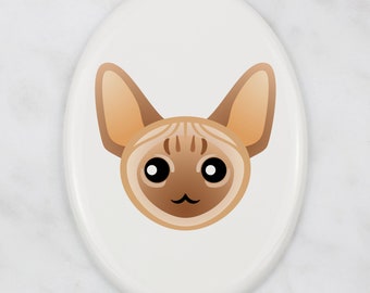 A ceramic tombstone plaque with a Devon rex cat. Art-Dog cute cat