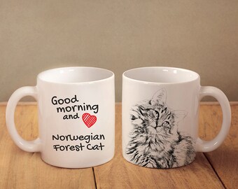 Norwegian Forest cat - mug with a cat and description:"Good morning and love..." High quality ceramic mug. Dog Lover Gift, Christmas Gift