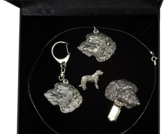 NEW, Irish Wolfhound, dog keyring, necklace, pin and clipring in casket, DELUXE set, limited edition, ArtDog . Dog keyring for dog lovers