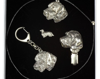 NEW, Teckel Wirehaired, dog keyring, necklace, pin and clipring in casket, ELEGANCE set, limited edition, ArtDog
