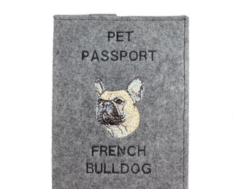 Bouledogue français - Etui pour passeport pour le chien avec motif brodé. Nouveauté