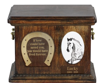 Urn for horse ashes with ceramic plate and sentence - Andalusian, ART-DOG. Cremation box, Custom urn.