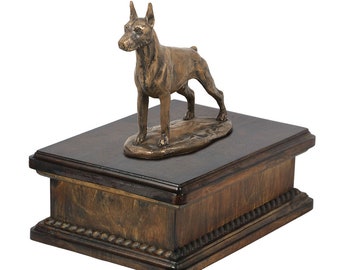 Exclusive Urn for dog’s ashes with a Dobermann cropped statue, ART-DOG. New model Cremation box, Custom urn.