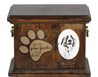 Urn for dog’s ashes with ceramic plate and description - Saint Bernard, ART-DOG Cremation box, Custom urn.