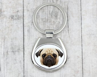 A key pendant with a   Pug dog. A new collection with the geometric dog . Dog keyring for dog lovers