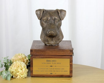 Jack Russel Terrier urn for dog's ashes, Urn with engraving and sculpture of a dog, Urn with dog statue and engraving, Custom urn for a dog