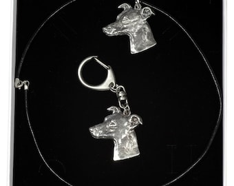 NEW, Whippet, dog keyring and necklace in casket, ELEGANCE set, limited edition, ArtDog . Dog keyring for dog lovers
