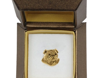 NEW, Bulldog, English Bulldog, dog pin, in casket, gold plated, limited edition, ArtDog