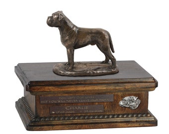 Exclusive Urn for dog ashes with a Bullmastiff statue, relief and inscription. ART-DOG. New model. Cremation box, Custom urn.