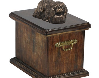 Urn for dog’s ashes with a Pekingese statue, ART-DOG Cremation box, Custom urn.