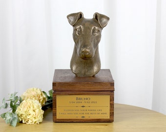 Fox terrier urn for dog's ashes, Urn with engraving and sculpture of a dog, Urn with dog statue and engraving, Custom urn for a dog