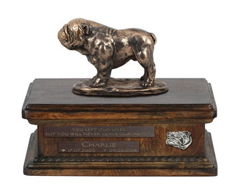 Exclusive Urn for dog ashes with a English Bulldog statue, relief and inscription. ART-DOG. New model. Cremation box, Custom urn.