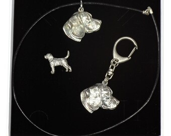 NEW, Beagle, dog keyring, necklace and pin in casket, ELEGANCE set, limited edition, ArtDog . Dog keyring for dog lovers