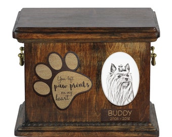 Urn for dog’s ashes with ceramic plate and description - Yorkshire Terrier, ART-DOG Cremation box, Custom urn.