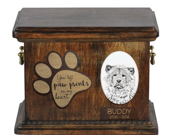 Urn for dog’s ashes with ceramic plate and description - Chow Chow, ART-DOG Cremation box, Custom urn.