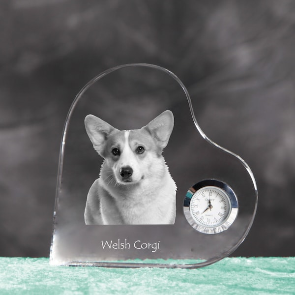 Cardigan Welsh Corgi- crystal clock in the shape of a heart with the image of a pure-bred dog.