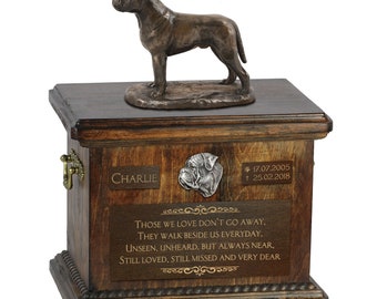 Bullmastiff - Exclusive Urn for dog ashes with a statue, relief and inscription. ART-DOG. Cremation box, Custom urn.