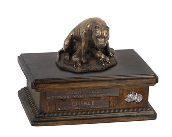 Exclusive Urn for dog ashes with a Amstaff mother statue, relief and inscription. ART-DOG. New model. Cremation box, Custom urn.