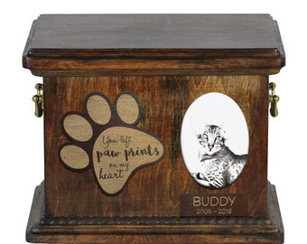 Urn for cat ashes with ceramic plate and sentence - Oriental cat, ART-DOG Cremation box, Custom urn.