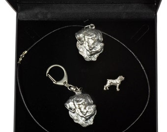 NEW, Rottweiler, dog keyring, necklace and pin in casket, DELUXE set, limited edition, ArtDog . Dog keyring for dog lovers