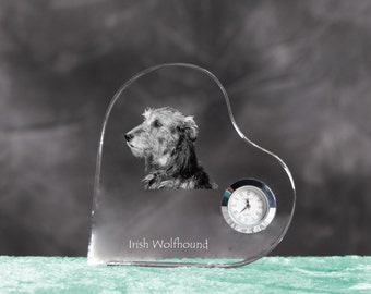 Irish Wolfhound- crystal clock in the shape of a heart with the image of a pure-bred dog.