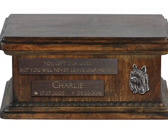 Urn for dog’s ashes with relief and sentence with your dog name and date - Silky Terrier, ART-DOG. Low model. Cremation box, Custom urn.
