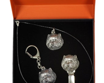 NEW, West Highland White Terrier, dog keyring, necklace and clipring in casket, PRESTIGE set, limited edition, ArtDog