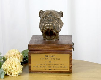 English British Bulldog urn for dog's ashes,Urn with engraving and sculpture of a dog,Urn with dog statue and engraving,Custom urn for a dog