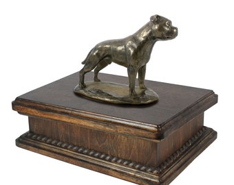 Exclusive Urn for dog’s ashes with a English Staffordshire Terrier statue, ART-DOG. New model Cremation box, Custom urn.