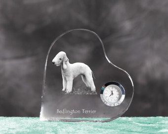 Bedlington Terrier- crystal clock in the shape of a heart with the image of a pure-bred dog.