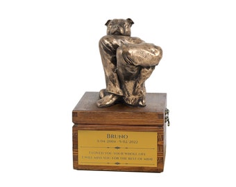 Staffordshire Bull Terrier urn for dog's ashes, Urn with engraving and sculpture of a dog, Urn with dog statue, Custom urn for a dog