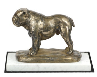 Bulldog, English Bulldog, dog white marble base statue, limited edition, ArtDog. Made of cold cast bronze. Perfect gift. Limited edition