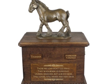 Shire Big Urn for Horse Ashes, Urn with Name, Dates and Quote,Memorial with Statue on Top,Wooden Urn,Customizable Urn for horse