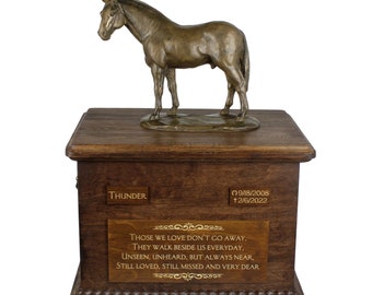 Hanoverian horse Big Urn for Horse Ashes, Urn with Name, Dates and Quote, Memorial with Statue on Top, Wooden Urn,Customizable Urn for horse