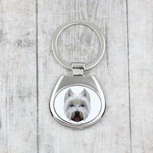 A key pendant with a West Highland White Terrier dog. A new collection with the geometric dog . Dog keyring for dog lovers