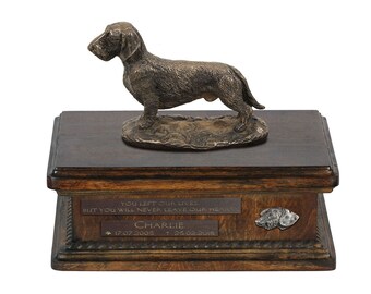 Exclusive Urn for dog ashes with a Dachshund wirehaired statue, relief and inscription. ART-DOG. New model. Cremation box, Custom urn.