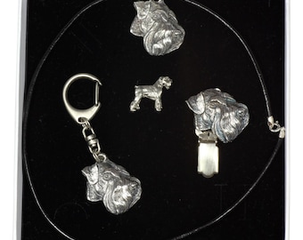 NEW, Schnauzer, dog keyring, necklace, pin and clipring in casket, ELEGANCE set, limited edition, ArtDog . Dog keyring for dog lovers