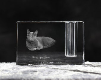 Russian Blue , crystal pen holder with cat, souvenir, decoration, limited edition, Collection