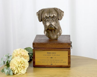 Boxer uncropped urn for dog's ashes, Urn with engraving and sculpture of a dog, Urn with dog statue and engraving, Custom urn for a dog