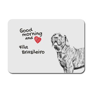 Può includere: Un'illustrazione in bianco e nero di un cane Fila Brasileiro con il testo "Good morning and" e un cuore rosso, seguito da "Fila Brasileiro".