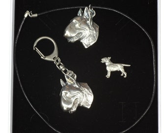 NEW, Bull Terrier, dog keyring, necklace and pin in casket, ELEGANCE set, limited edition, ArtDog . Dog keyring for dog lovers