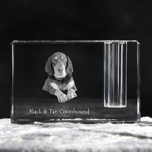 Könnte beinhalten: Ein Kristall-Briefbeschwerer mit einem schwarzen und braunen Coonhound-Hund, der hineingeätzt ist. Der Briefbeschwerer hat einen durchsichtigen Glaszylinder an der Seite.