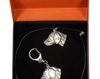 NEW, Weimaraner, Weimaraner Vorstehhund, dog keyring and necklace in casket, PRESTIGE set, limited edition, ArtDog