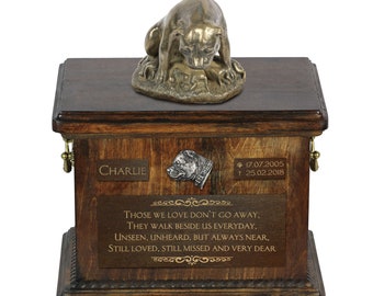 English Staffordshire Terrier mother- Exclusive Urn for dog ashes with a statue, relief and inscription. ART-DOG. Cremation box, Custom urn.