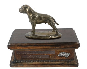 Exclusive Urn for dog ashes with a Staffordshire Bull Terrier statue, relief and inscription. ART-DOG. New model. Cremation box, Custom urn.