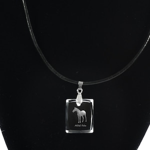 May include: A silver pendant necklace with a black leather cord. The pendant is a square crystal with an engraved image of a horse and the text "Akhal-Teke".